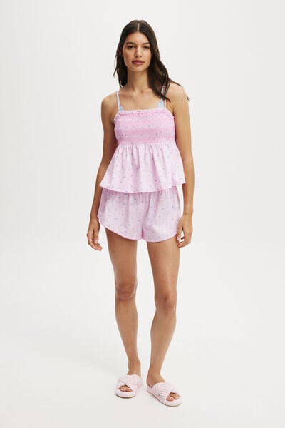 Shirred Woven Sleep Set, TILLY FLORAL PIROUETTE PINK