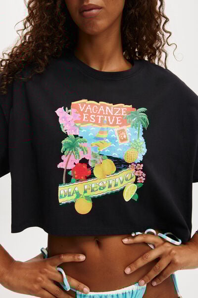 Active Cropped Graphic Tee, BLACK/TROPICAL VACAY