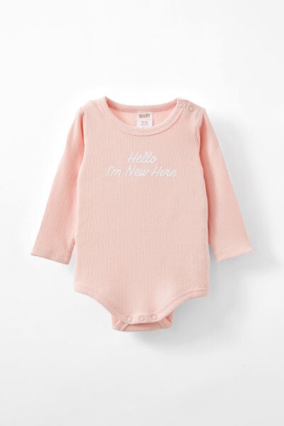 Organic Pointelle Long Sleeve Bubbysuit, SOFT MUSK/HELLO  I M NEW HERE