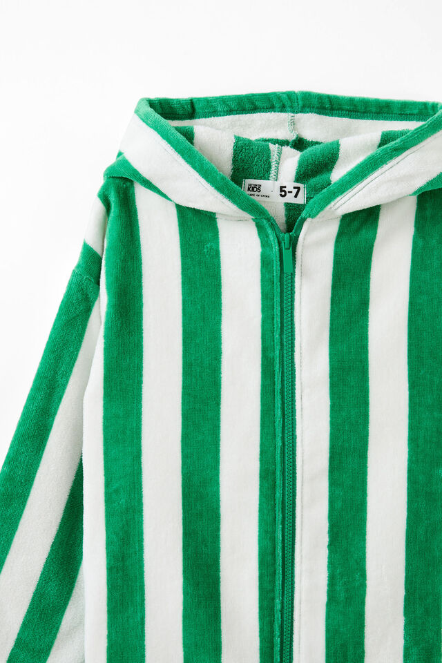 Kids Zip Thru Hooded Towel, ISLAND GREEN/BOLD STRIPE
