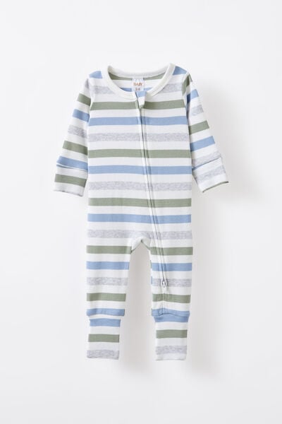 The Long Sleeve Rib Romper, VANILLA/DUSTY BLUE MULTI STRIPE