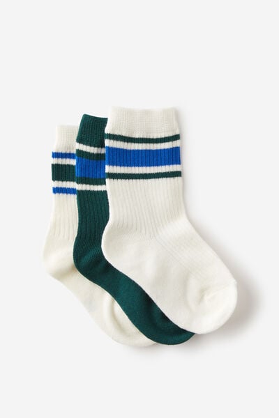 Kids 3Pk Crew Socks, VARSITY GREEN/HARBOUR BLUE STRIPES