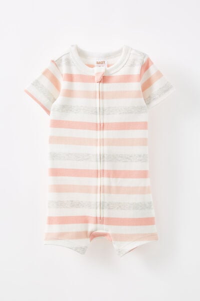 The Billie Short Sleeve Zip Romper, MELLOW PEACH/MULTIE STRIPE