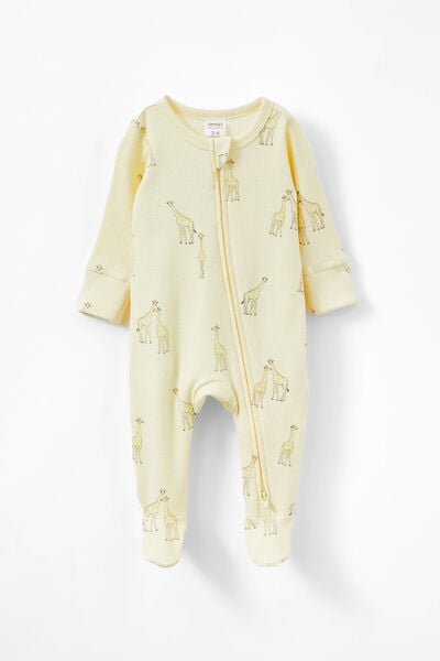 Organic Pointelle Zip All In One Romper, LEMON SQUASH/GIRAFFE