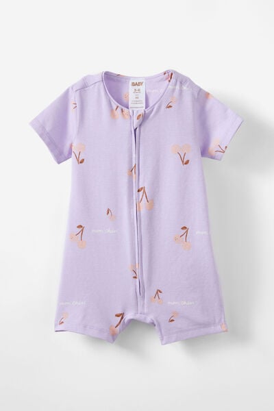 The Short Sleeve Zip Romper, VINTAGE LILAC/MON CHERIE CHERRIE