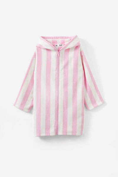 Kids Zip Thru Hooded Towel, FAIRY PINK/BOLD STRIPE
