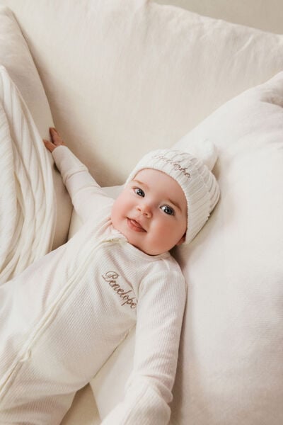 Organic Pointelle Zip Romper - Personalised, MILK