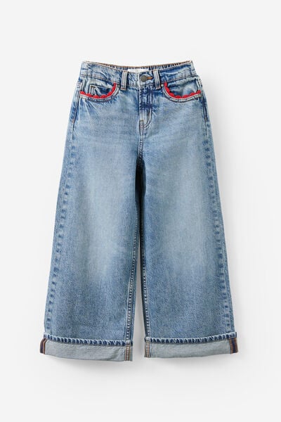 Embellished Super Wide Denim Jean, BLUE HAVEN MID BLUE/POCKET TRIM