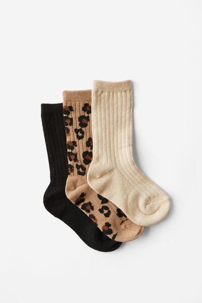 Kids 3Pk Sparkle Socks, BLACK/LEOPARD/GOLD SHIMMER