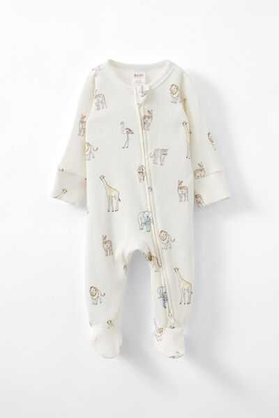 Organic Pointelle Zip All In One Romper, MILK/ MULTI ANIMALS