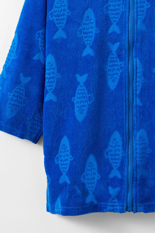 Kids Zip Thru Hooded Towel, HARBOUR BLUE/JACQUARD POISSONS
