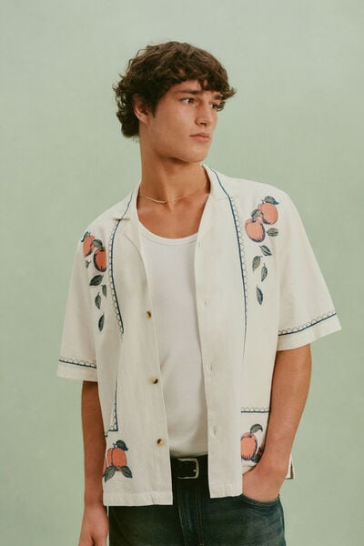 Cabana Short Sleeve Shirt, WHITE FRUIT BORDER EMB
