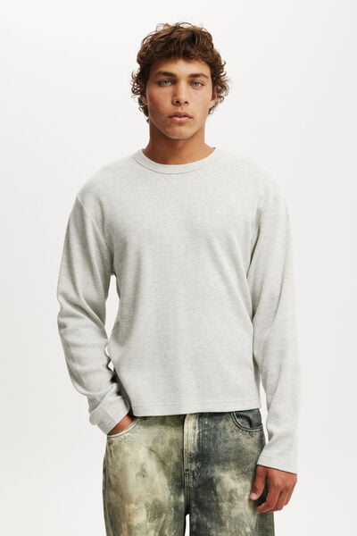 Cropped Fit Textured Long Sleeve, GREY MARLE WAFFLE