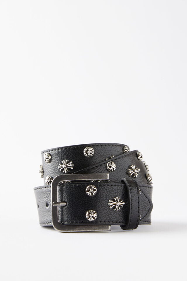 Stud Belt, WORN BLACK/BURNISHED SILVER/CROSS STUDS