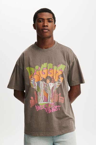 Box Fit Premium Music T-Shirt, LCN MT WASHED CHOCOLATE / BIGGIE SMALLS - BRO