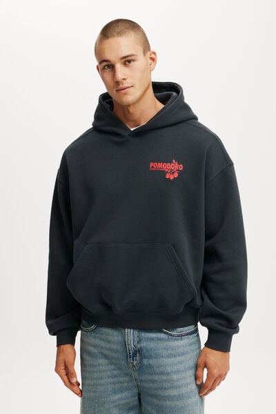 Box Fit Graphic Hoodie, WASHED BLACK / POMODORO