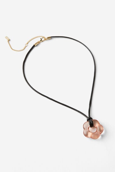 Cord Pendant Necklace, UP BROWN RESIN FLOWER