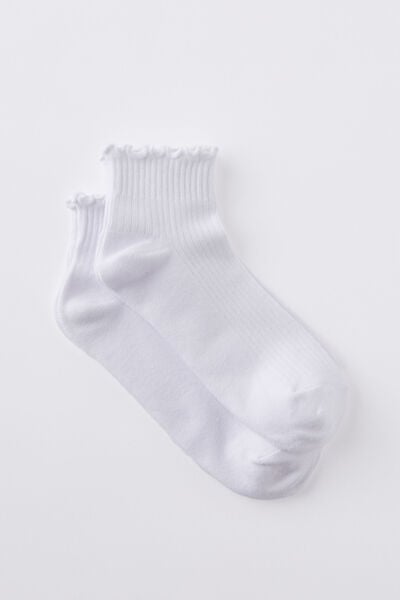 The Perfect Pair Frill Rib Ankle 2Pk, WHITE
