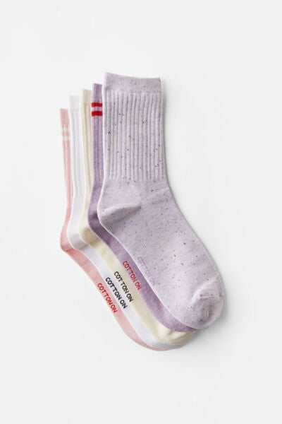5Pk Crew Sock, PINK/LILAC MIX