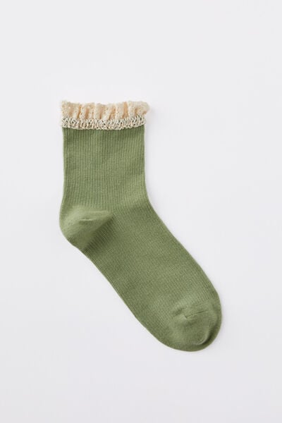Femme Frill Mid Crew Sock, CACTUS GREEN