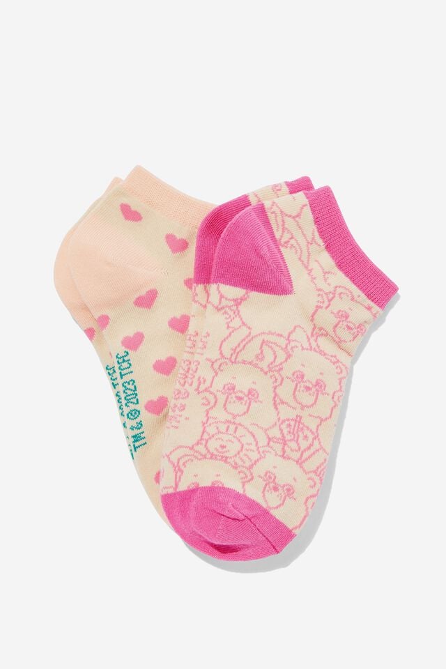 2 Pk Of Ankle Socks, LCN CLC CARE BEARS YDG & HEARTS (S/M)