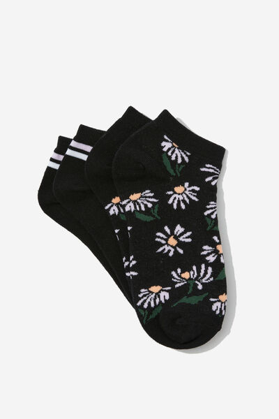 2 Pk Of Ankle Socks, DAISY STRESS LESS (S/M)