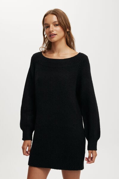 Fluffy One Shoulder Mini Dress, BLACK