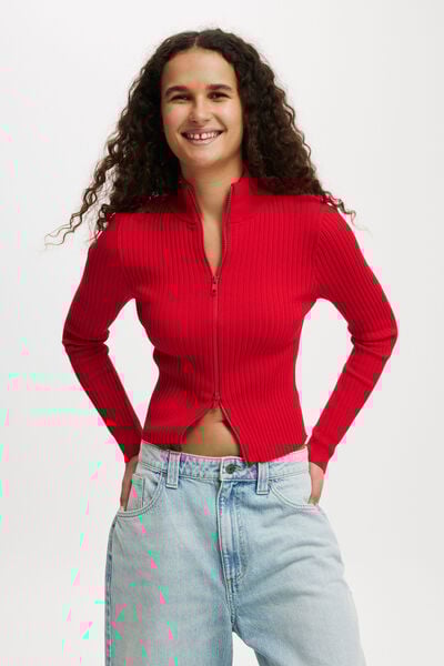 Double Rib Zip Collar Cardigan, CHERRY ROUGE