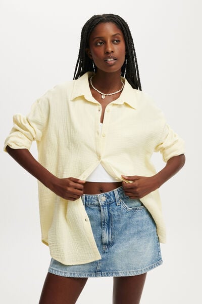 Haven Long Sleeve Shirt, LEMON ICING DOUBLE CLOTH