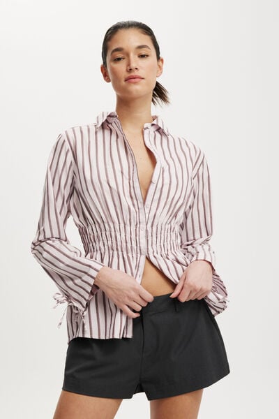 Gathered Long Sleeve Shirt, ALLY STRIPE WINEBERRY