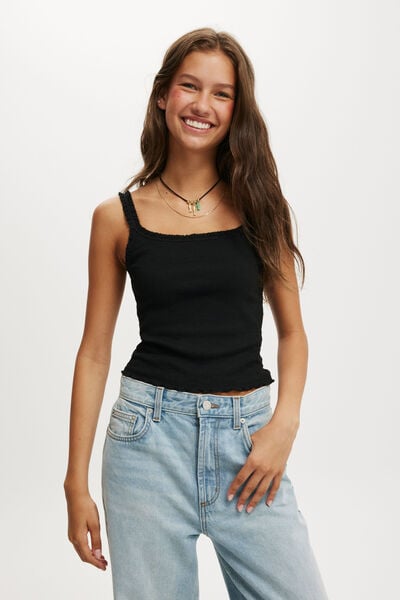 Chelsea Lace Trim Cami, BLACK