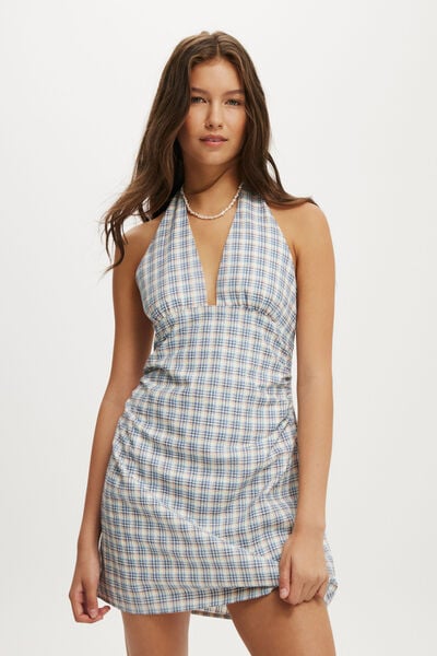 Haven Halter Mini Sundress, OLIVIA CHECK TEXTURE